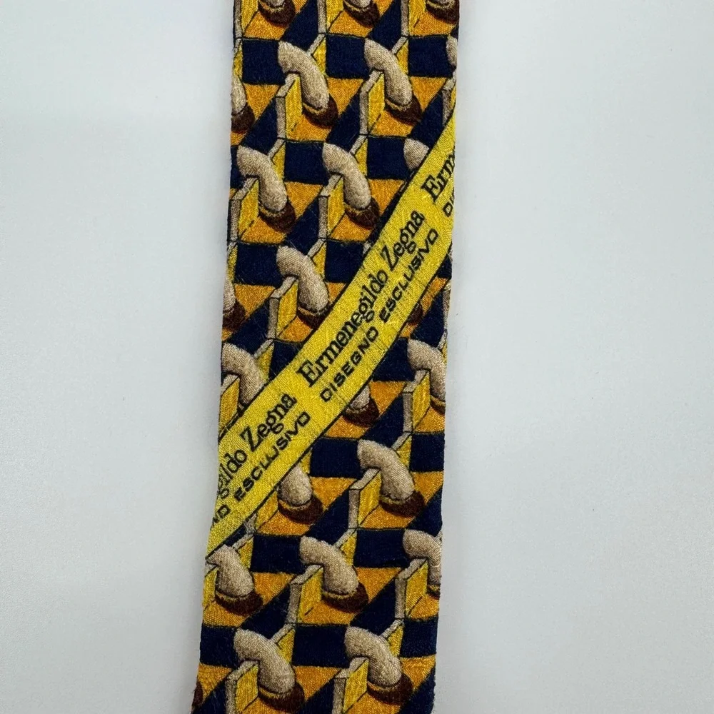 Ermenegildo Zegna Silk Tie – Gold & Blue Geometric Pattern, Made‎ in Italy